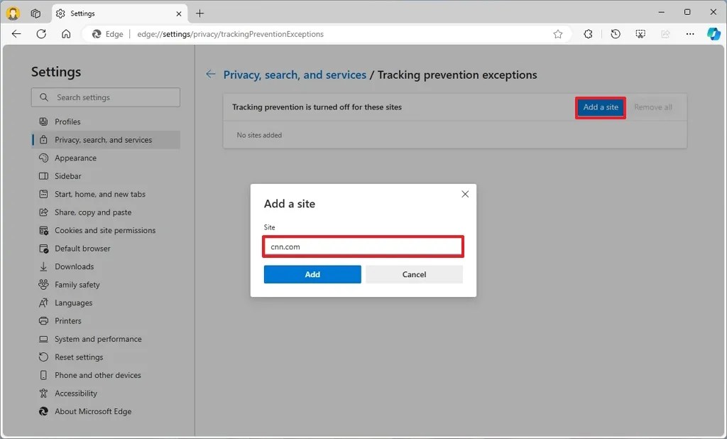 Edge add site to disable tracking