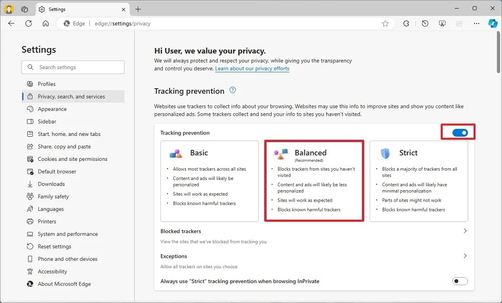 Edge enable tracking prevention