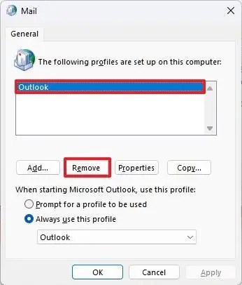 Outlook delete profile