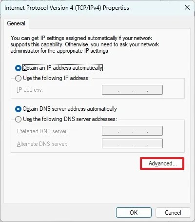 VPN Connection TCP/IP advanced properties