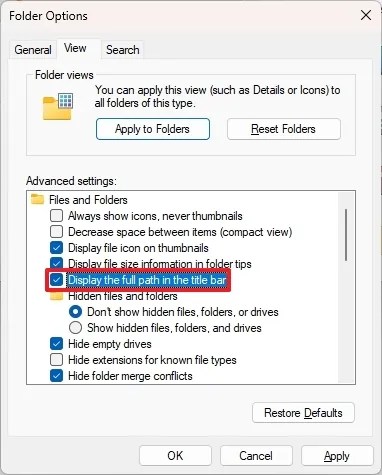 Display the full path in the title bar option on Windows 11