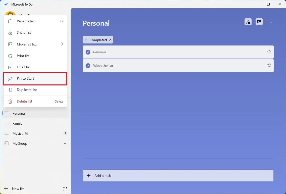 Pin list to Start menu on Microsoft To Do