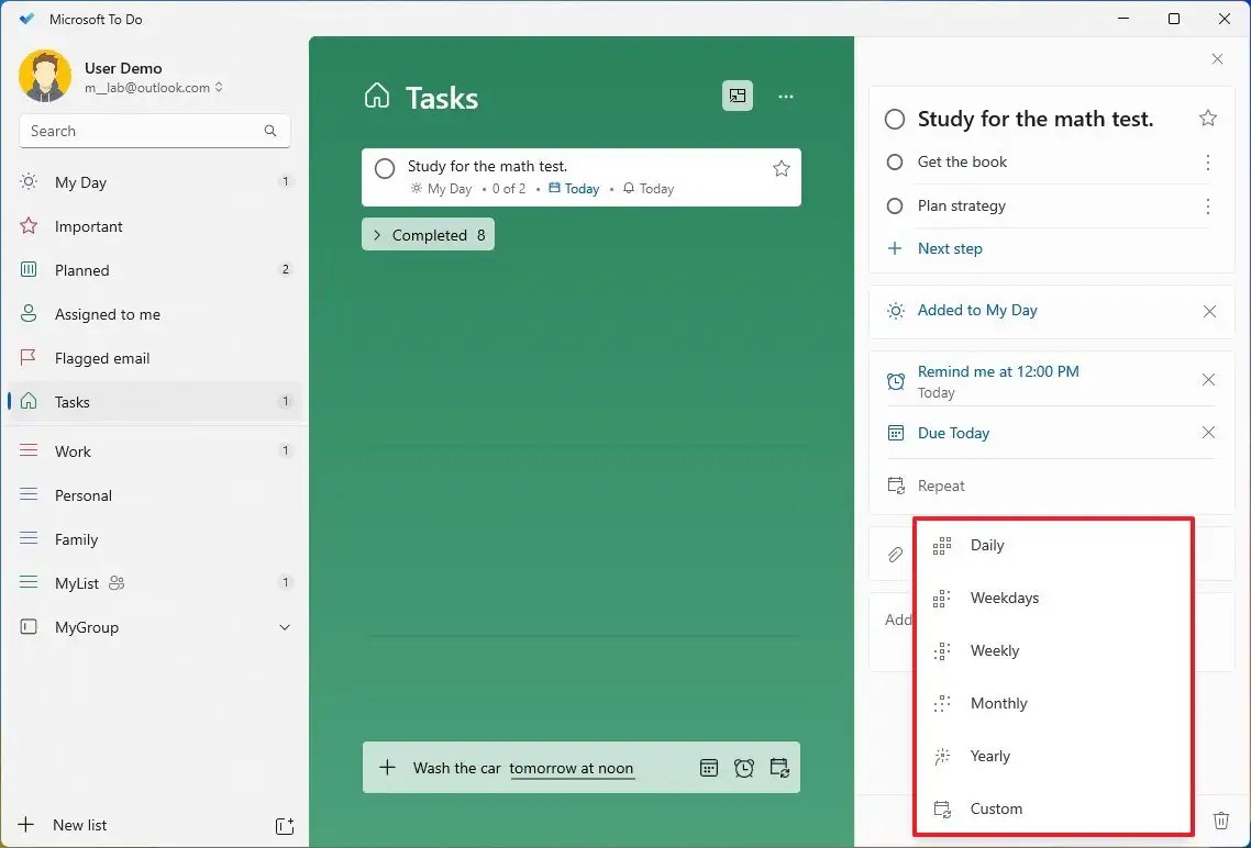 Repeat task on Microsoft To Do