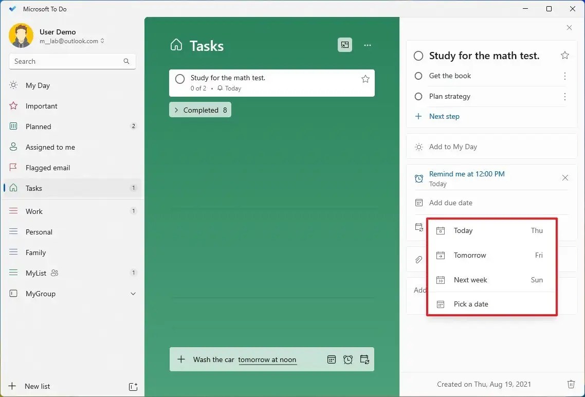 Set task due date on Microsoft To Do