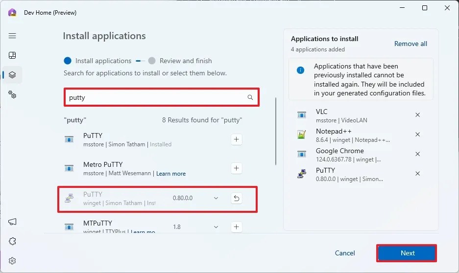 Dev Home search multiple apps