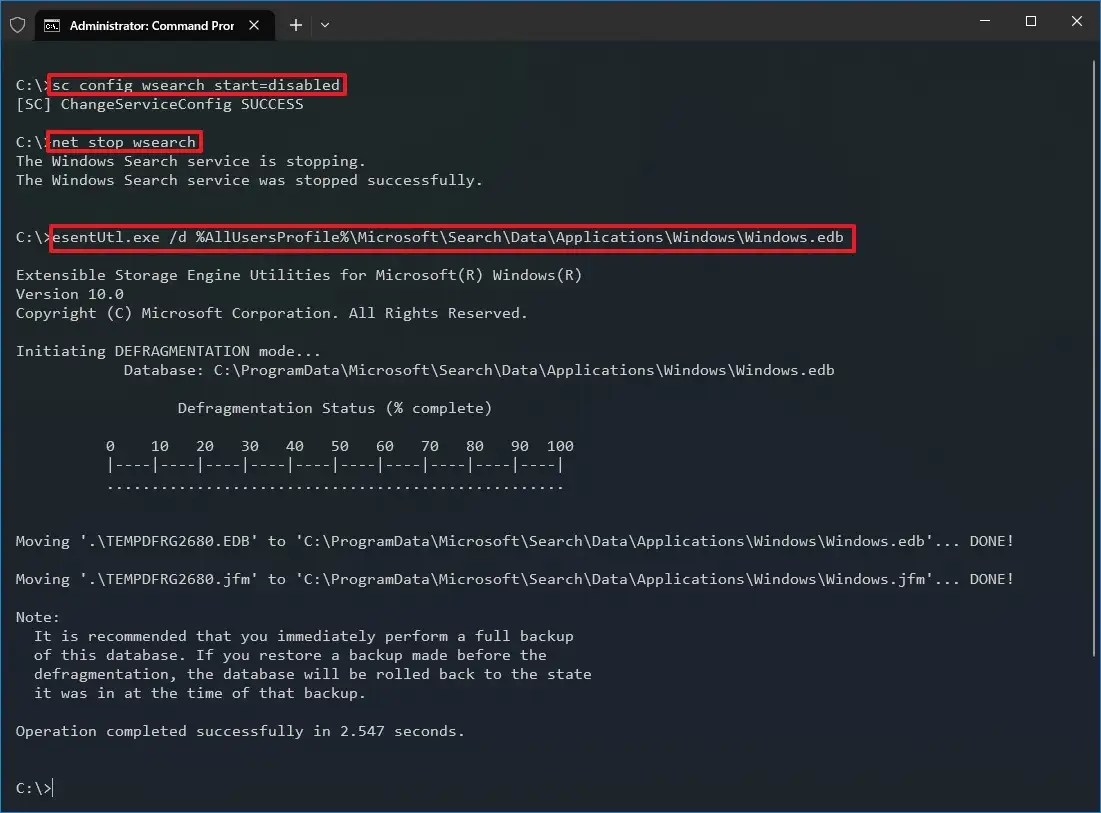 Reduce the size of Windows.edb with defragmentation