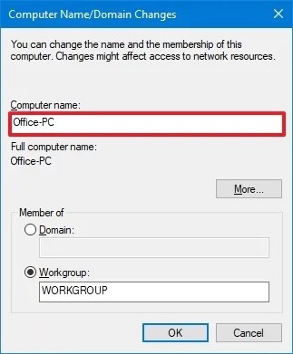 Control Panel change PC name