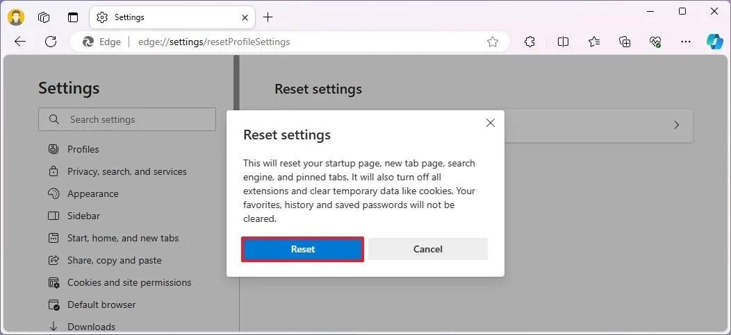 Microsoft Edge reset settings option