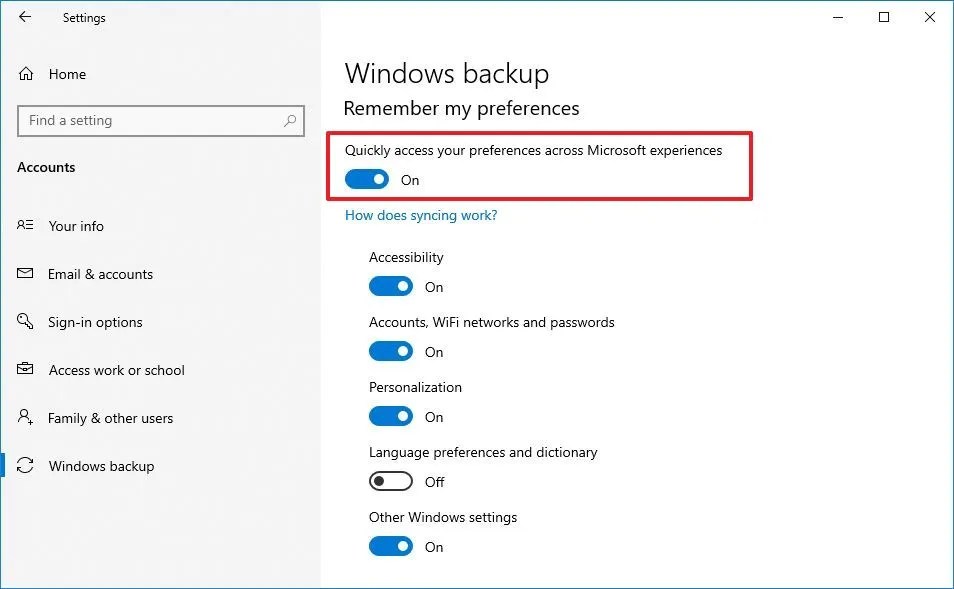 Windows 10 enable sync settings