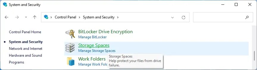 Control Panel Storage Spaces