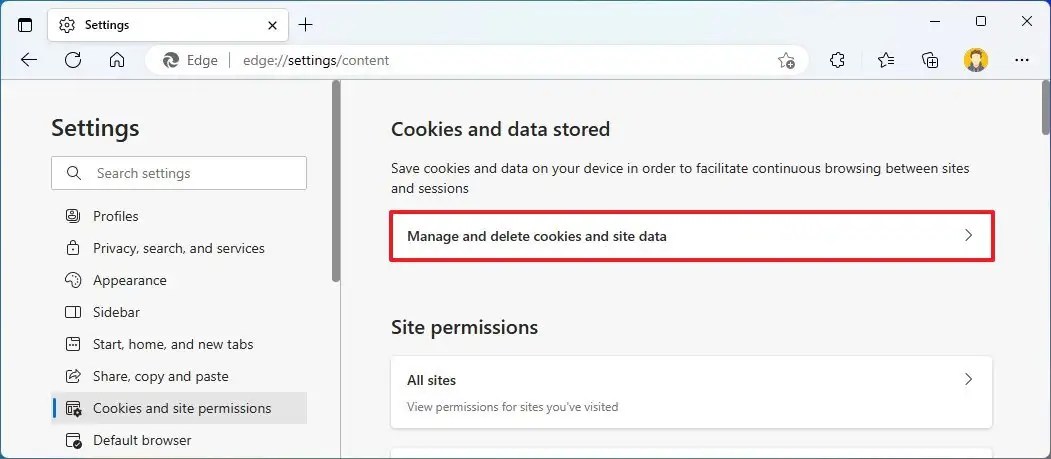 Microsoft Edge manage and delete cookies and site data 