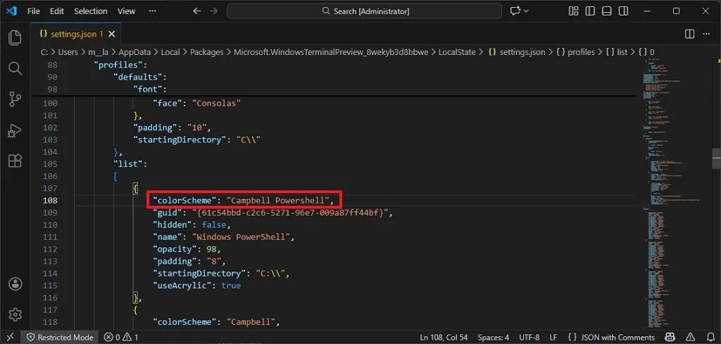 PowerShell change color scheme settings.json