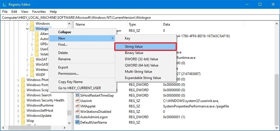 Winlogon create String value