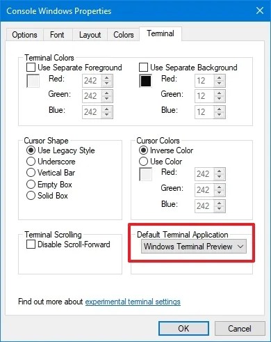 Console Windows properties default app