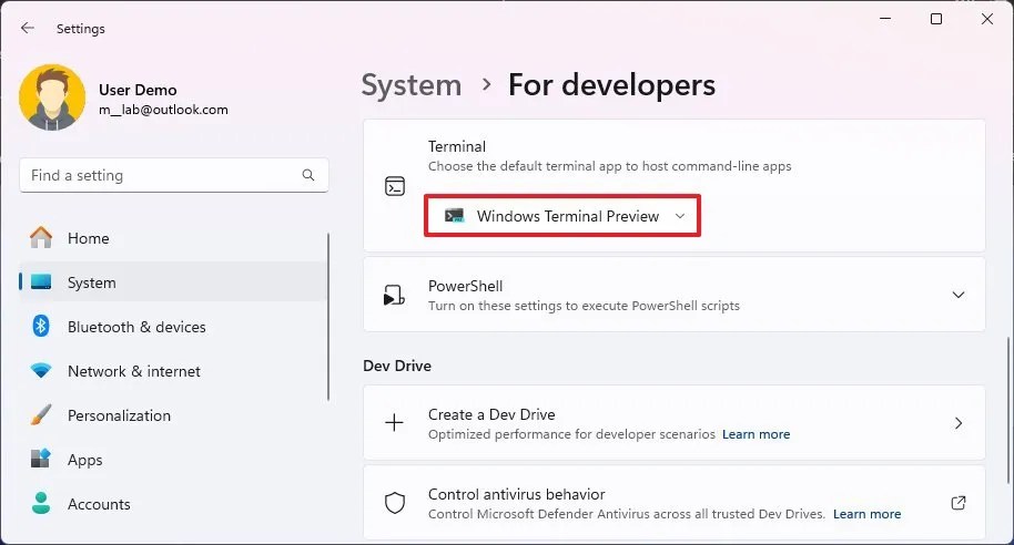 Windows 11 For Developers change terminal default