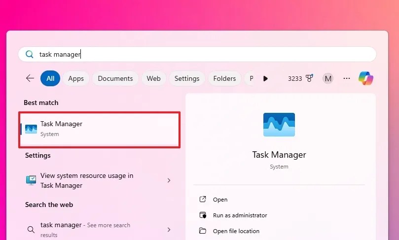 Start menu Task Manager search