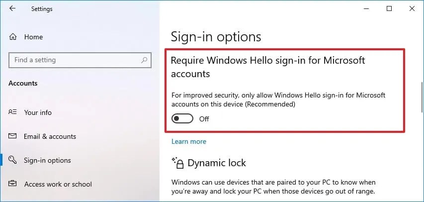 Require Windows Hello sign-in for Microsoft accounts