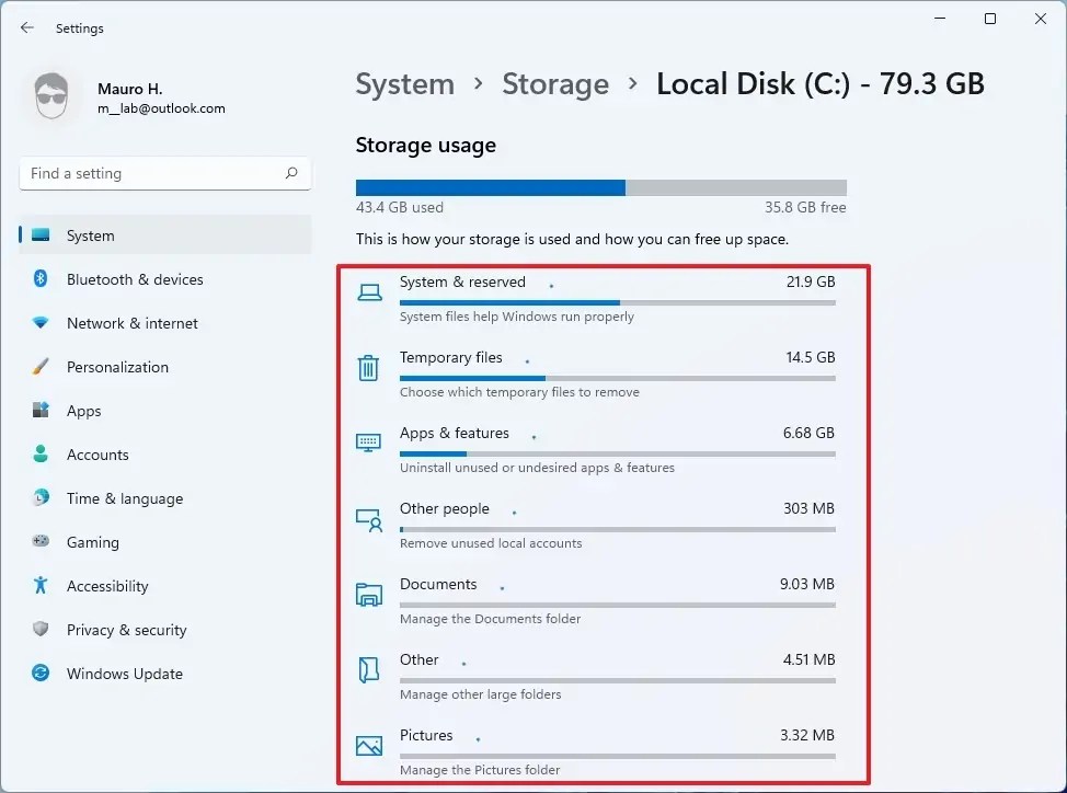 Storage usage by file type