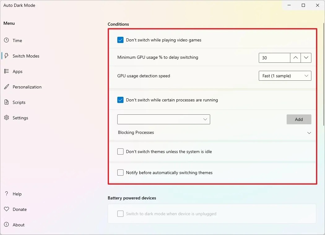 Auto Dark Mode conditions