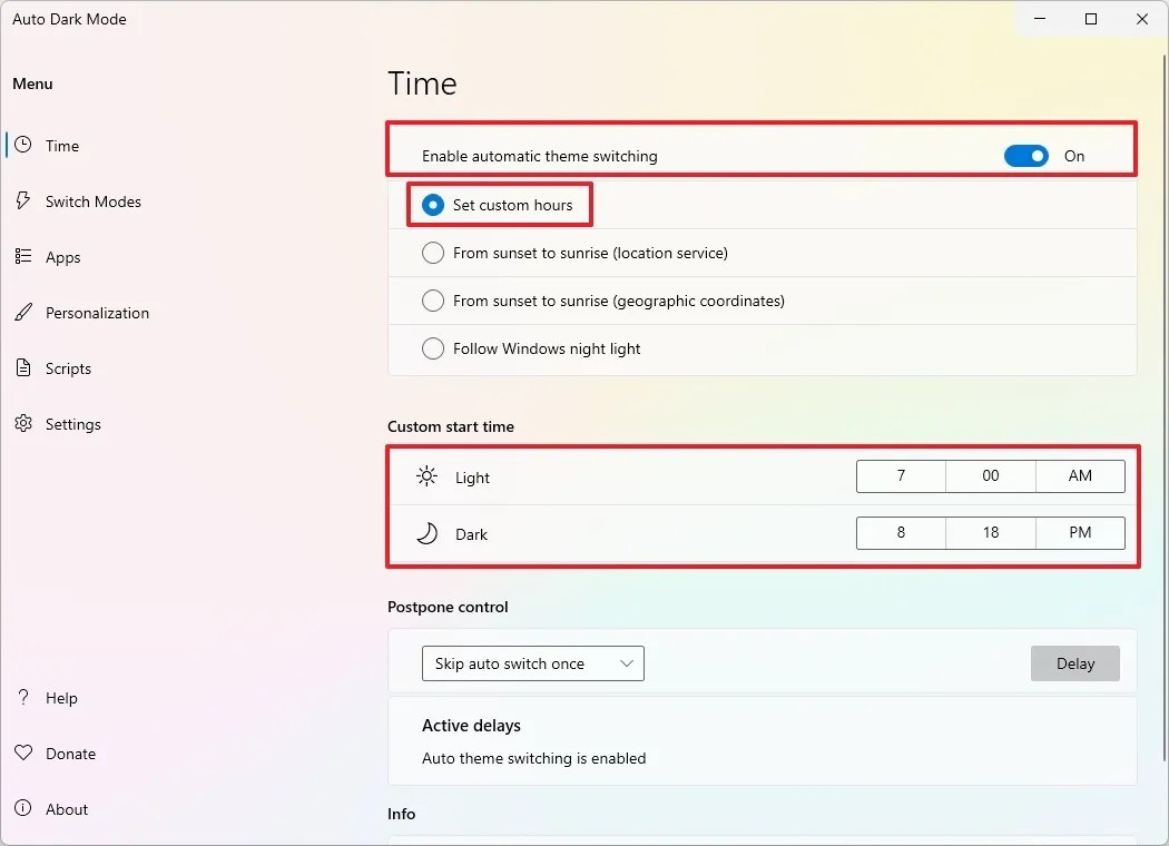 Auto Dark Mode Set custom hours