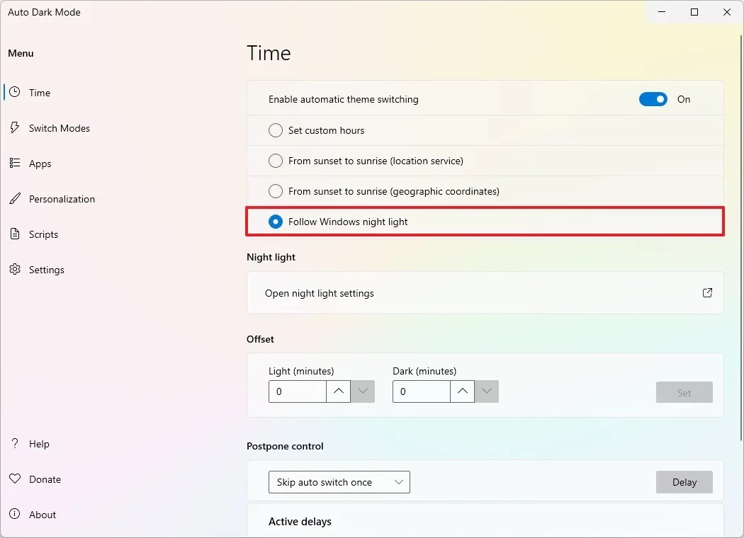 Change from light to dark using Night Light schedule