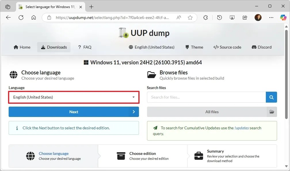 UUP Dump ISO language