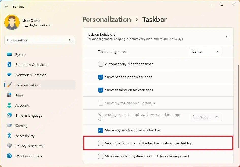 Taskbar disable show desktop button