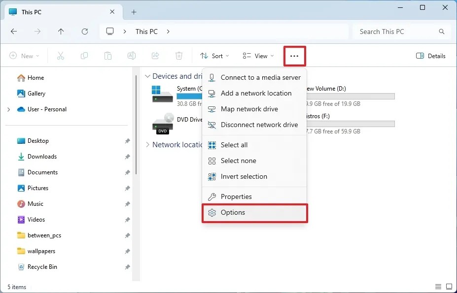 Opções do Explorador de Arquivos