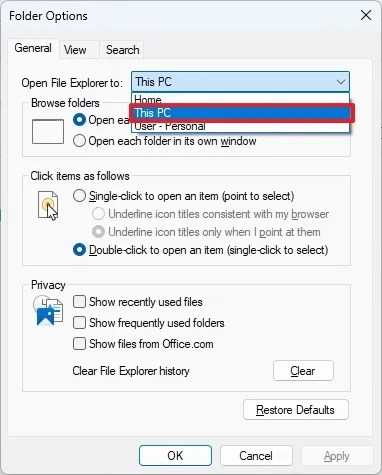 Configurações da página de inicialização do File Explorer