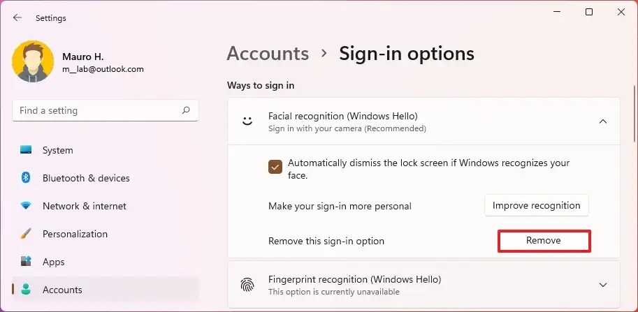 ويندوز مرحبا إزالة الوجه