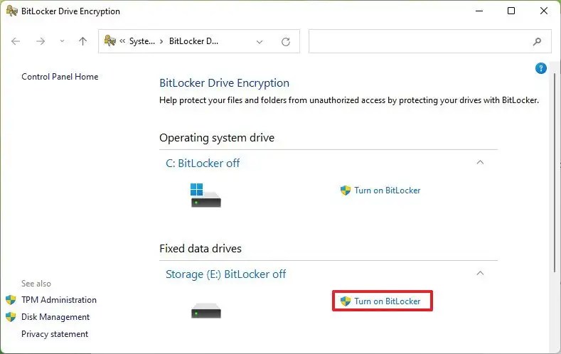 Enable BitLocker fixed drive