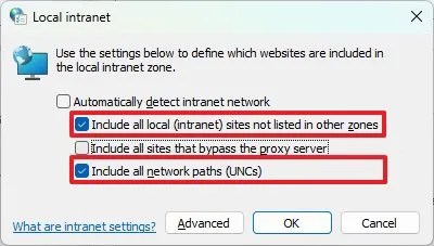 Local intranet settings