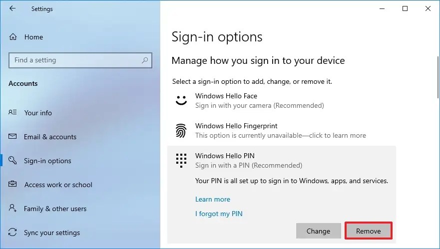 Remove PIN from Windows 10