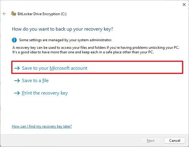 Save encryption key to Microsoft account