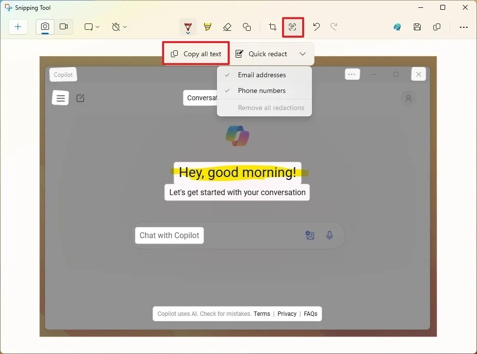 Snipping Tool extract text