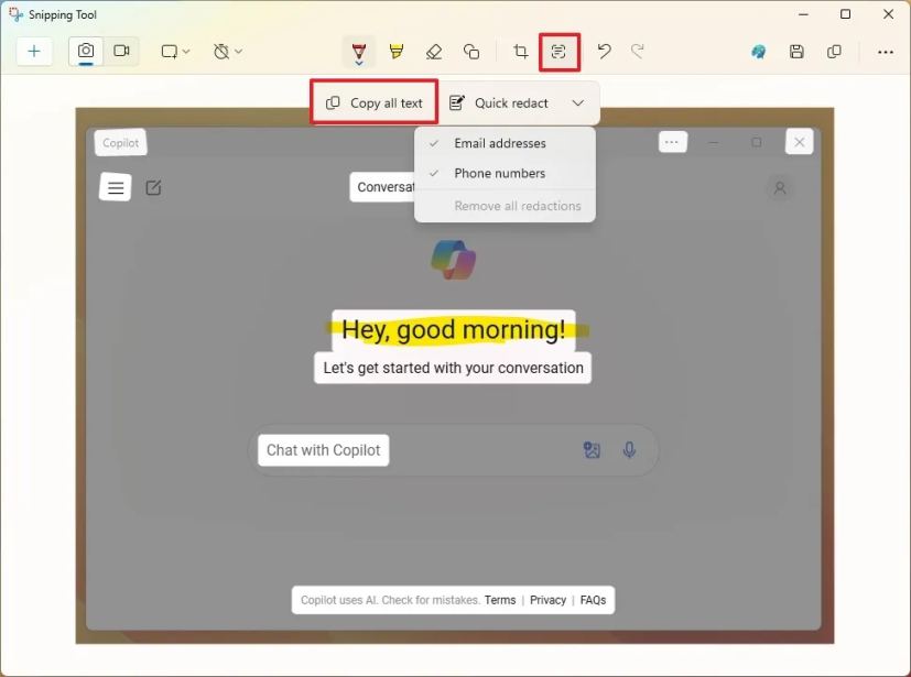 Snipping Tool extract text