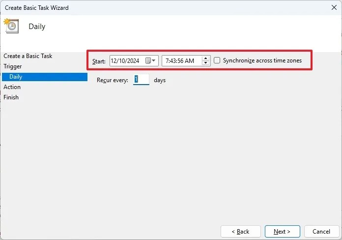 Task Scheduler daily schedule configuration