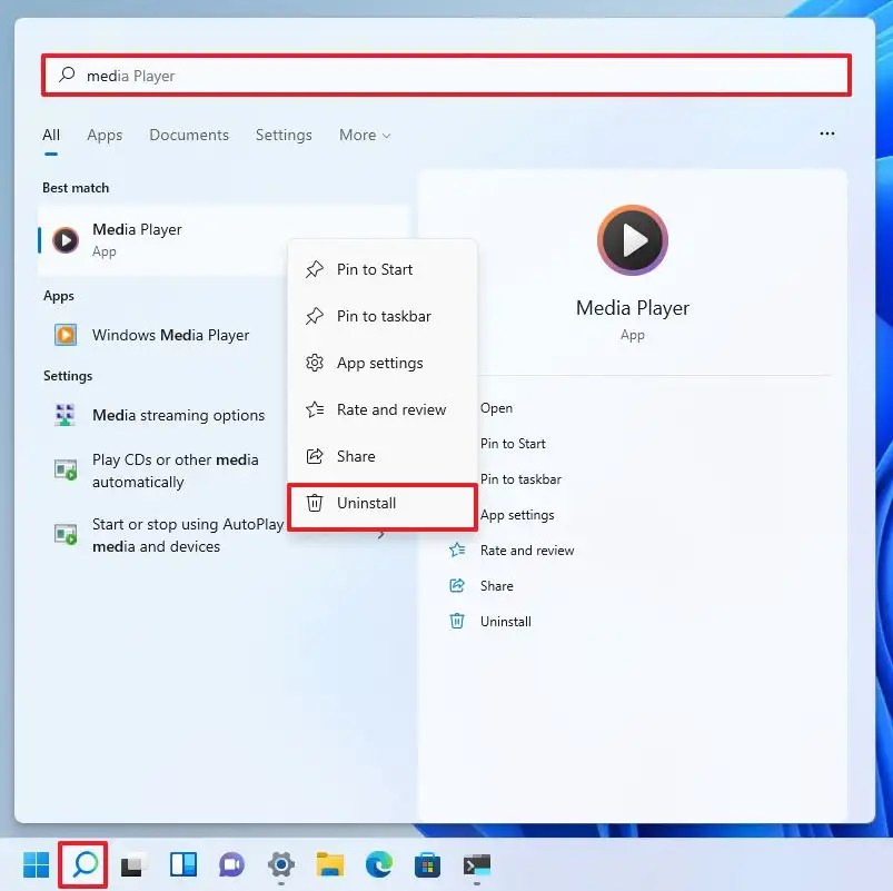 Uninstall app from Windows Search