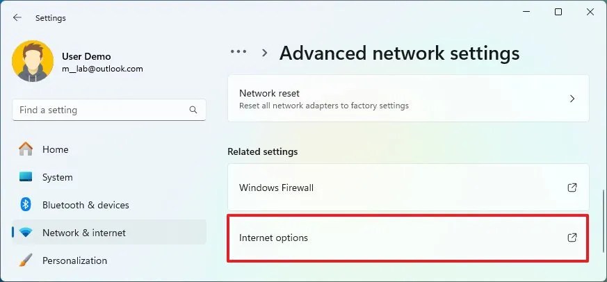 Open Internet Options from Advanced network settings
