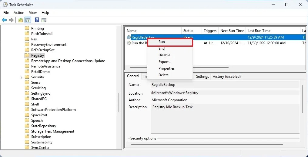 Run RegIdleBackup task manually