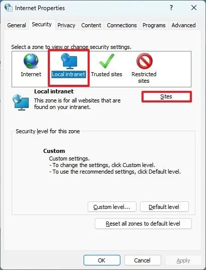 Internet Options security settings