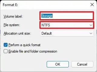 Disk Management format settings