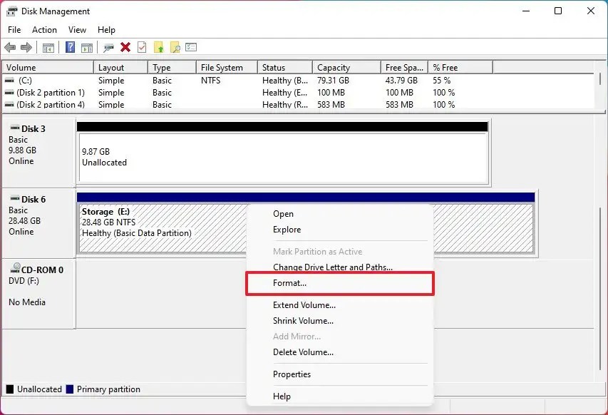 Disk Management format drive option
