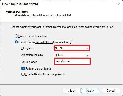 Disk Management format drive settings