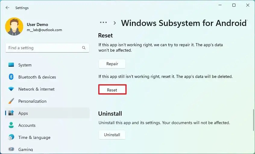 Windows 11 reset WSA