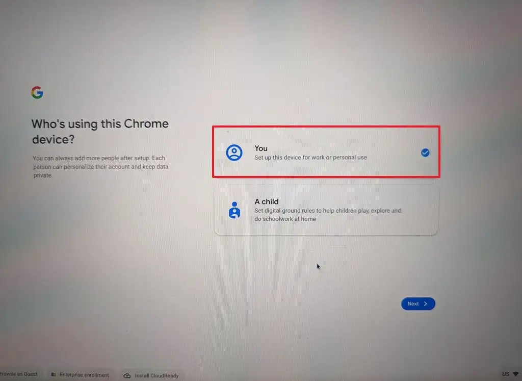 CChrome OS Flex create account
