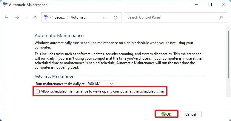 Disable wake up timer for Windows 11 automatic maintenance