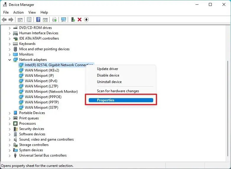 Device Manager properties option