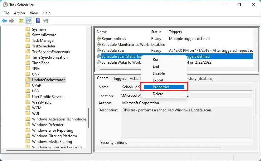 Scheduled task open properties