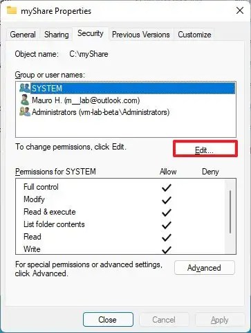 Open security edit settings